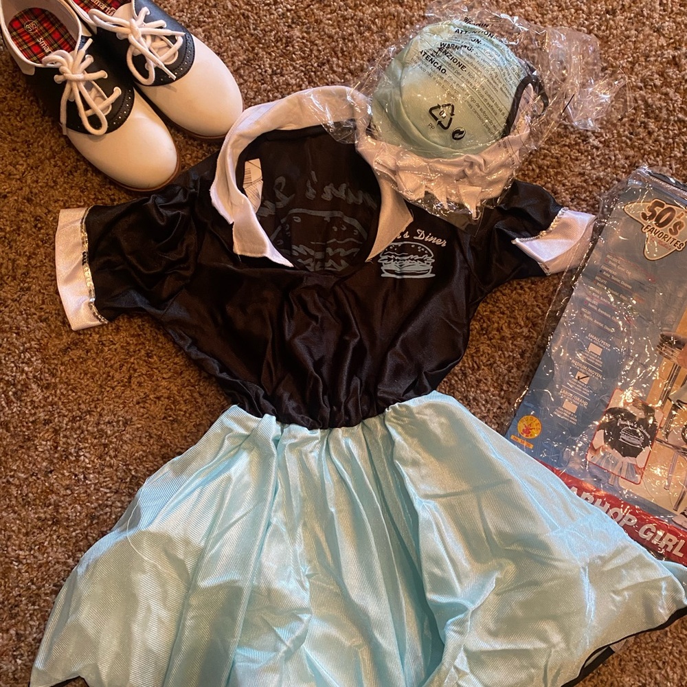 50’s Favorites CarHop Girl Halloween Costume w/ Saddle Shoes GirlsSize 8-10